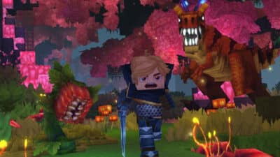 Picture of a Dinosaur chasing a Hytale avatar around an underground jungle.