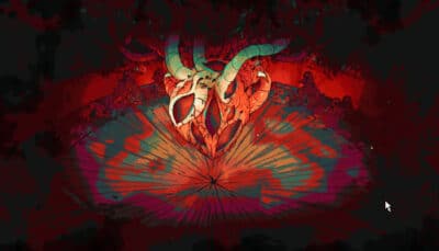 Cult of the Lamb Woolhaven artwork features a demonic skull like entity emerging from a blood red void