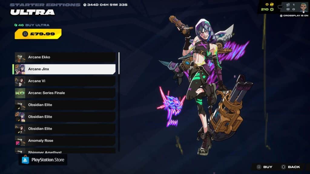 2XKOのキャラクター選択画面では、アーケインのジンクスがネオンエフェクトと彼女のシグネチャーウェポンとともに表示される。