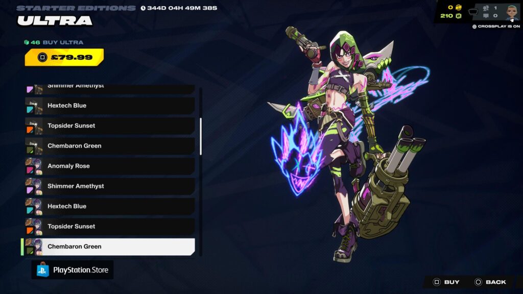 2XKO Ultraスターターエディションメニューで、ジンクスがチェンバロングリーンのカラーバリエーションを装備したミニガンを持ってポーズをとっている