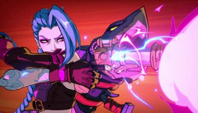 Jinx aims her weapon and releases a glowing energy blast during combat in 2XKO