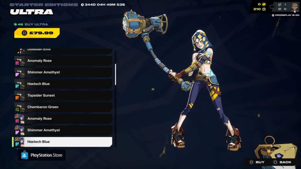 ジンクスは2XKOウルトラスターターエディションメニューでヘクステックブルーのカラーバリエーションを表示しながらハンマーを持っています