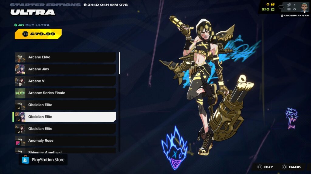 ジンクスは2XKOでオブシディアン・エリートの衣装を披露しながら、光るエフェクトとともにステップの途中で登場する。