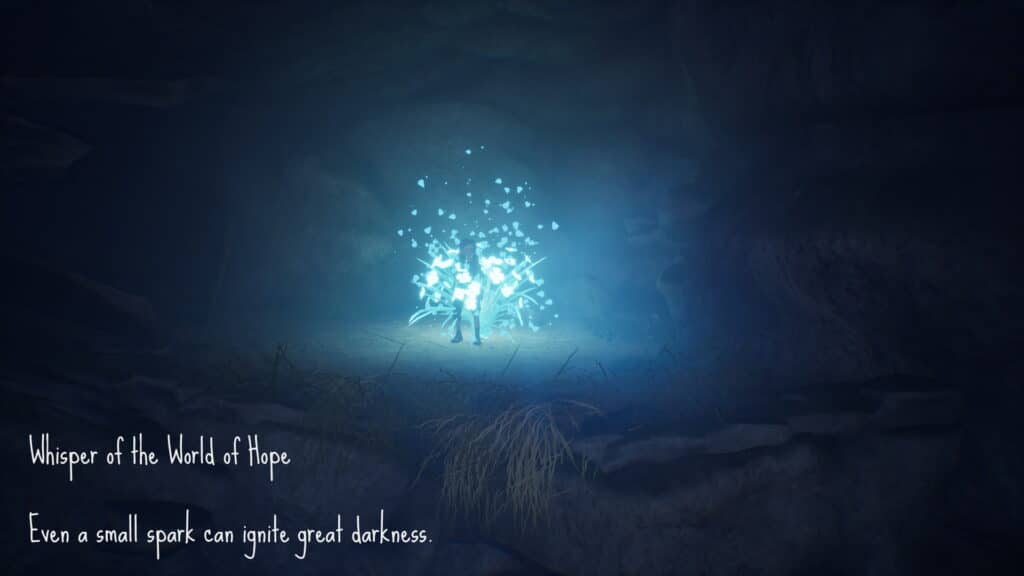 A bright blue light surrounds the character inside a cave in Ayasa Shadows of Silence