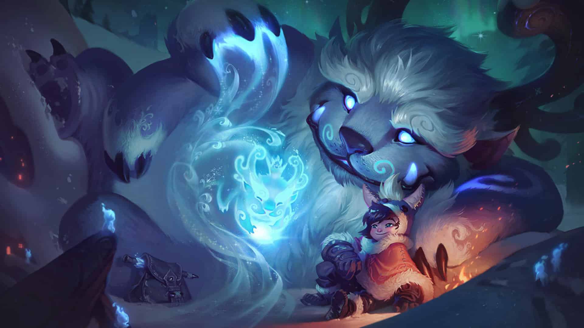 Image of Nunu and Willump, the yeti and child that rides it from League of Legends sat around a fire.