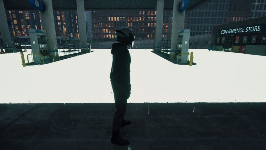 A helmeted rider stands under a gas station canopy surrounded by flooded pavement in Lanesplit