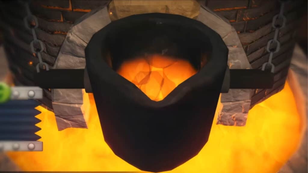 A black crucible filled with glowing molten metal hangs above roaring flames in The Forge