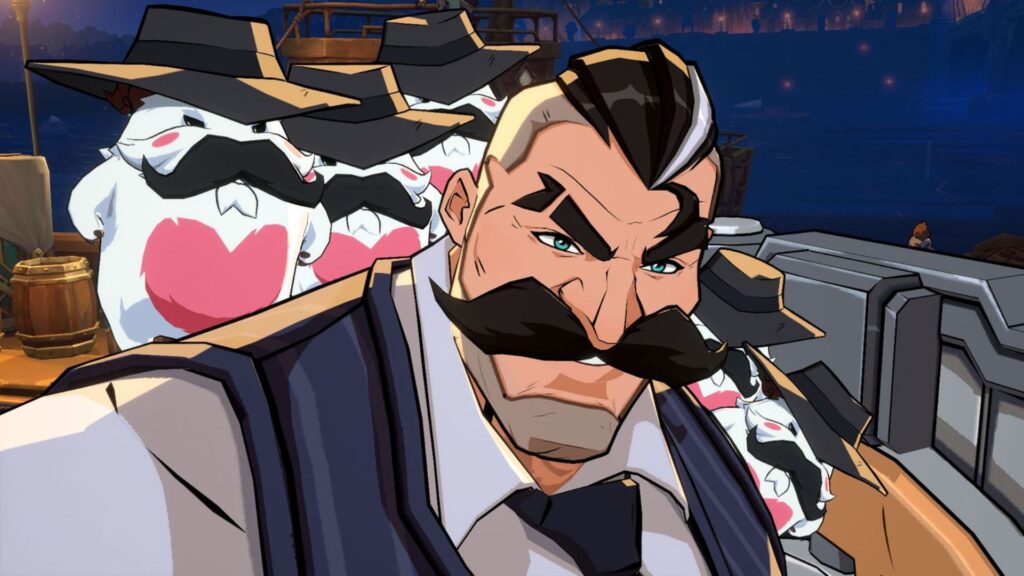 2XKOで、厚い口ひげを生やした厳格なファイターが前に進み出るが、その背後にはマスク姿の人物が迫っている。