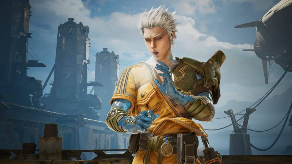 A pale skinned fighter focuses energy through glowing hands on a battlefield in Highguard