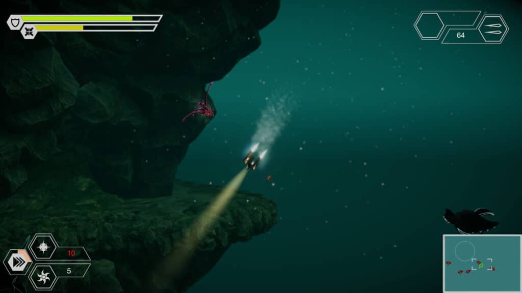 A glowing green energy beam cuts through a dark underwater environment in Submerged