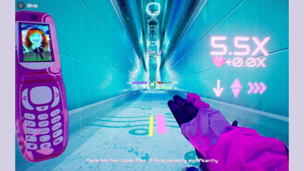 A first person view shows a neon corridor drill scene with a pink phone interface in Don’t Stop Girlypop