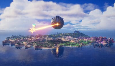 A massive floating sphere fires a laser toward the island during a dramatic Fortnite live event