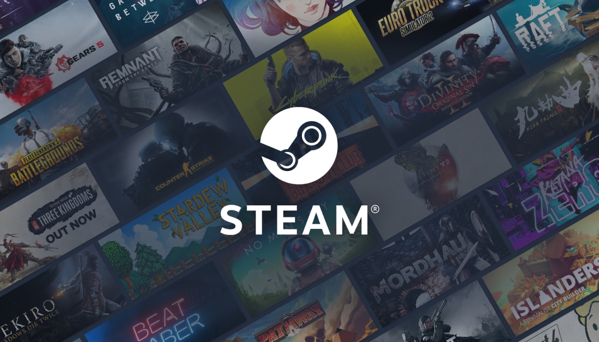 Steam promotional image showing the Steam logo over a collage of popular PC game covers