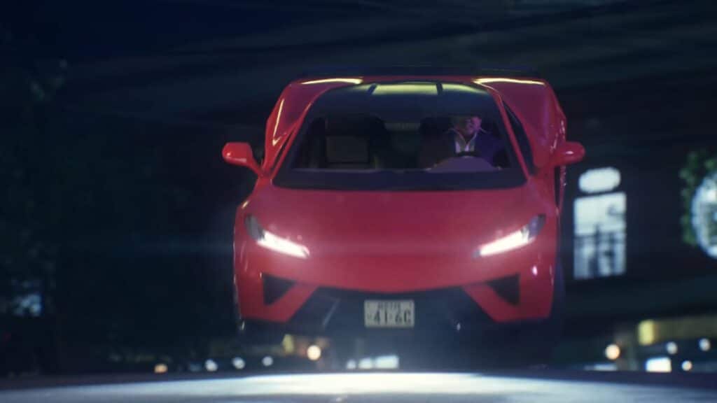 A red sports car speeds through the city at night in Gang of Dragon with headlights shining forward