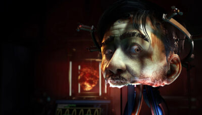 Disturbing human head suspended in machinery, reflecting ONTOS sci-fi horror themes