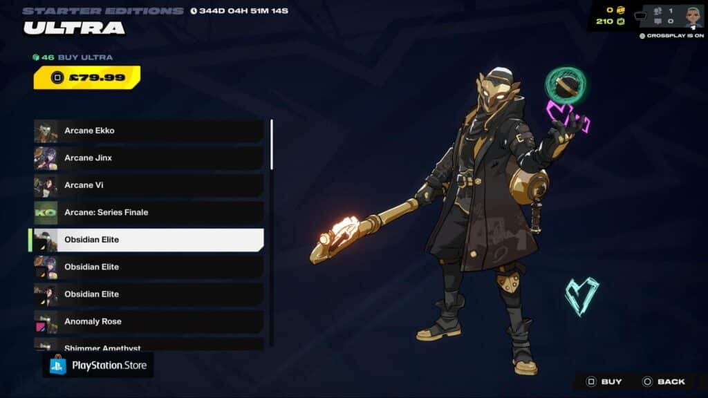 2XKOのコスメティックメニューでは、エコーがオブシディアンエリートスキンで杖を持ち、光るエフェクトを帯びた姿で登場する。