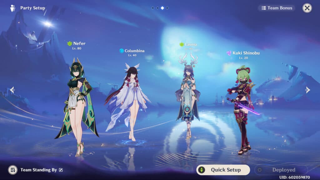 В Genshin Impact полный состав команды, включая Коломбину, отображается на экране выбора персонажей.