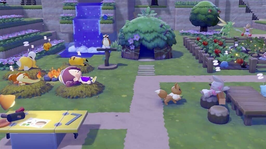 Several Pokémon nap around a cozy campsite with waterfalls gardens and small huts in Pokémon Pokopia