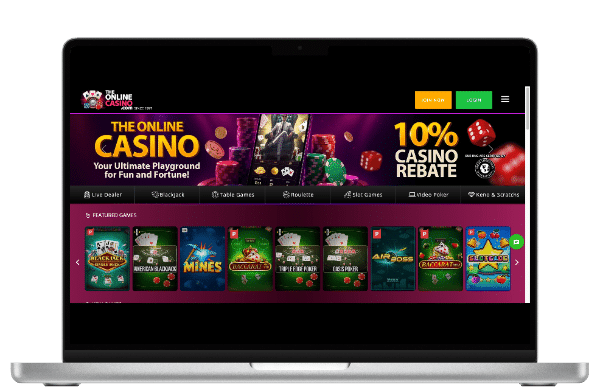 TheOnlineCasino.com homepage on laptop - a top BestWhale sister site