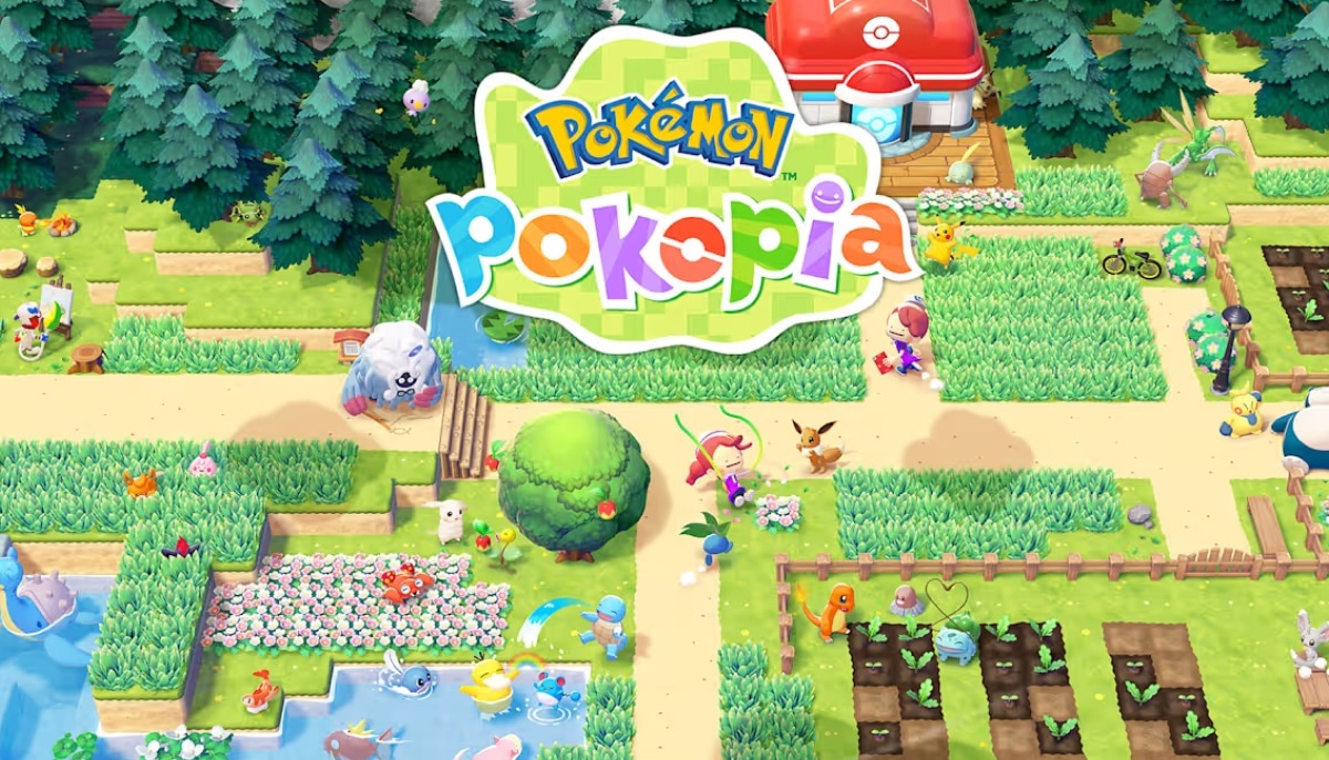 The Pokémon Pokopia world map shows trainers Pokémon farms rivers and villages in a vibrant overhead view
