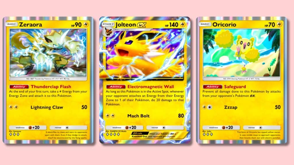 ポケモンカードゲームポケットの電気タイプのポケモンカードのグループ。ゼラオラ、サンダースEX、オリカが描かれている。