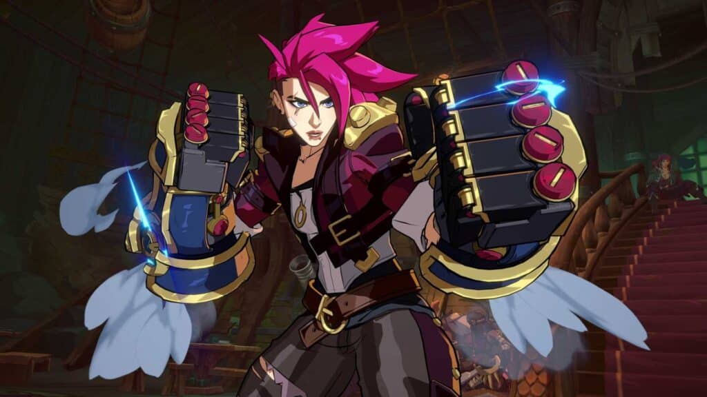 ピンク色の髪の乱闘者が、2XKOの工業アリーナ内で重い機械のガントレットを掲げる