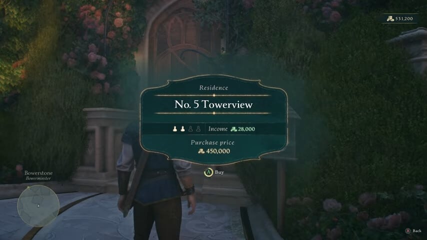 The player reviews a house purchase screen in Fable showing No 5 Towerview with income and price details