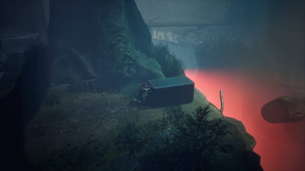 The character pushes a heavy crate beside a glowing red chasm in Ayasa Shadows of Silence