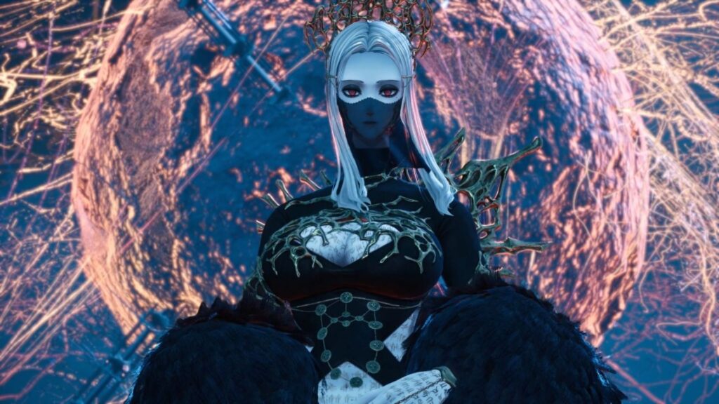 A regal masked figure stands before a glowing cosmic backdrop in Code Vein 2