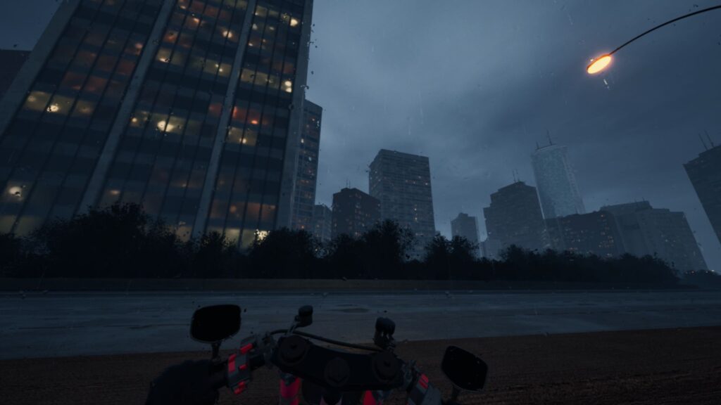 A fast first person ride races through empty city streets at twilight in Lanesplit