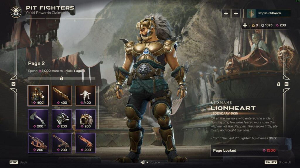 The Redmane Lionheart legendary skin stands in a Highguard Pit Fighters menu surrounded by reward items