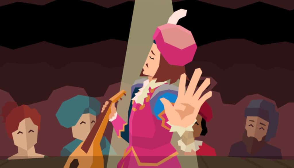 Dandelion plays music on stage for an audience during a performance in Reigns The Witcher