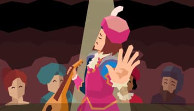 Dandelion plays music on stage for an audience during a performance in Reigns The Witcher