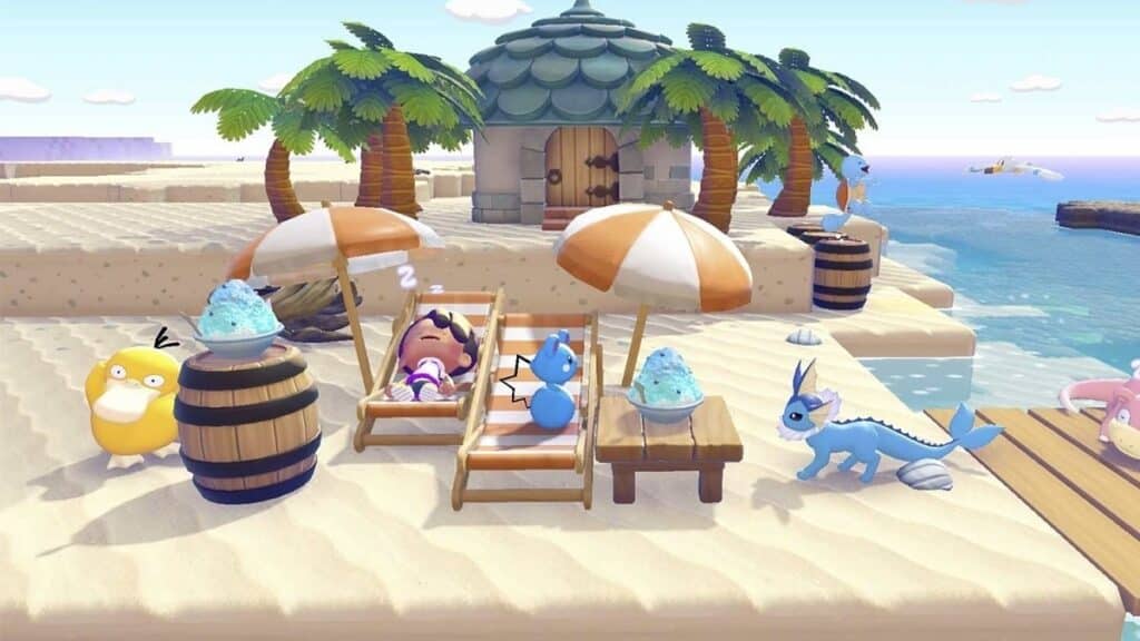 Pokémon and a trainer relax on beach loungers under umbrellas by the sea in Pokémon Pokopia