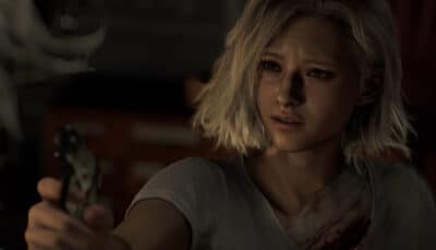 A wounded woman aims a handgun with a determined expression during a tense moment in Resident Evil Requiem