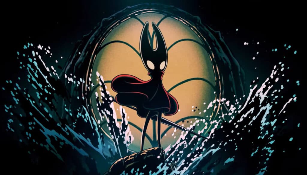 Hornet faces crashing waves with her needle ready in a dramatic scene from Hollow Knight Silksong