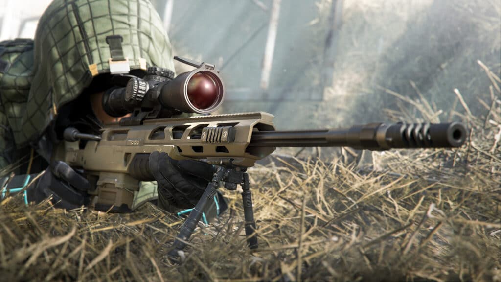 A soldier lies prone in tall grass while aiming a sniper rifle during a mission in CoD Black Ops 7