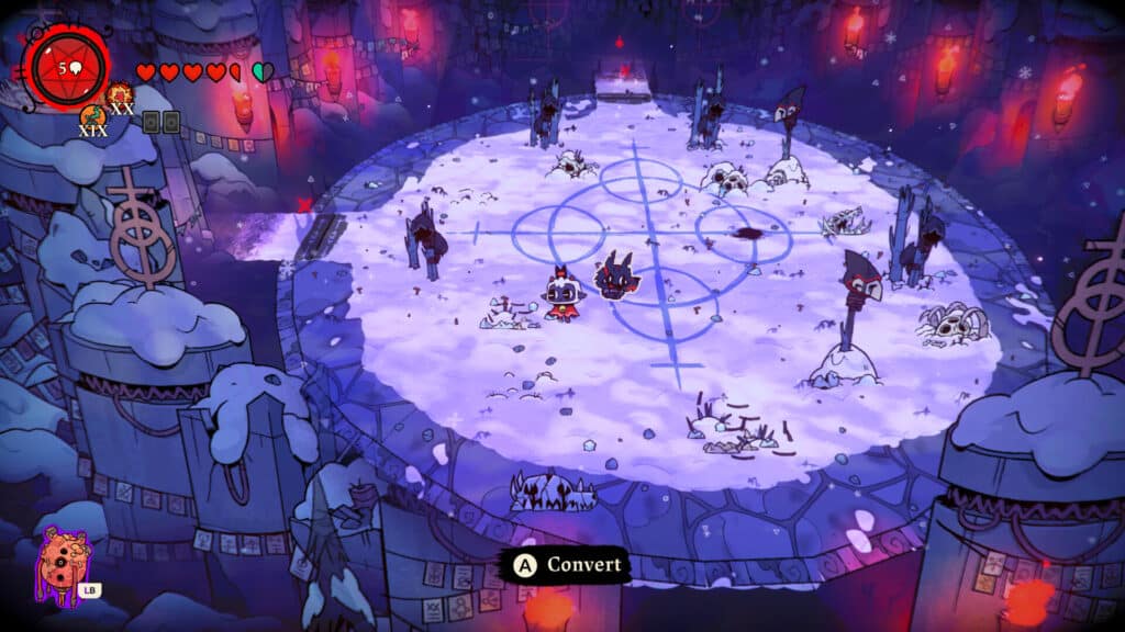 A Cult of the Lamb Woolhaven combat arena is shown covered in snow with enemies surrounding the Lamb