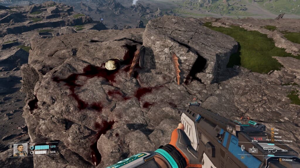 Alien remains and blood stains lie on cracked rocks as the player aims a rifle in StarRupture