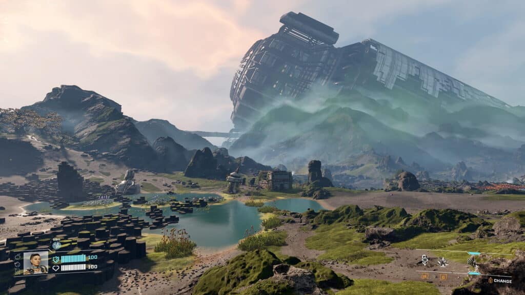A wide valley scene with lakes ruins and a colossal crashed structure dominating the horizon in StarRupture