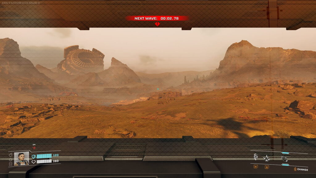 A desert battlefield seen through a base window with a next wave countdown active in StarRupture