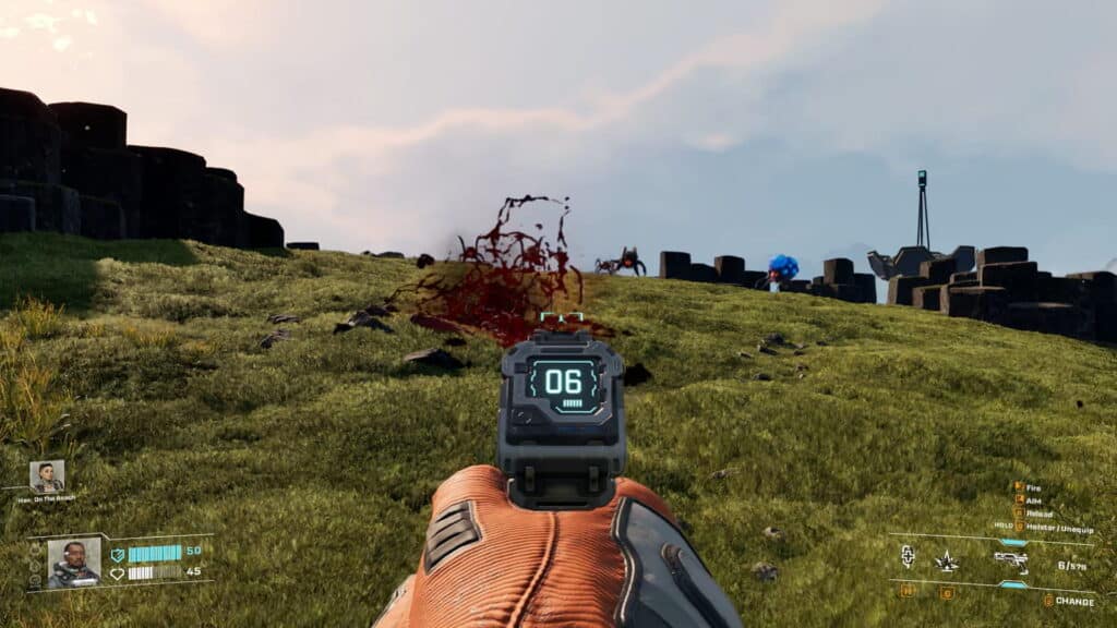 A first person view shows the player firing a pistol at an alien creature on a grassy hillside in StarRupture