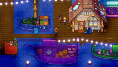 Villagers gather near boats and stalls at the docks during a night event in Stardew Valley