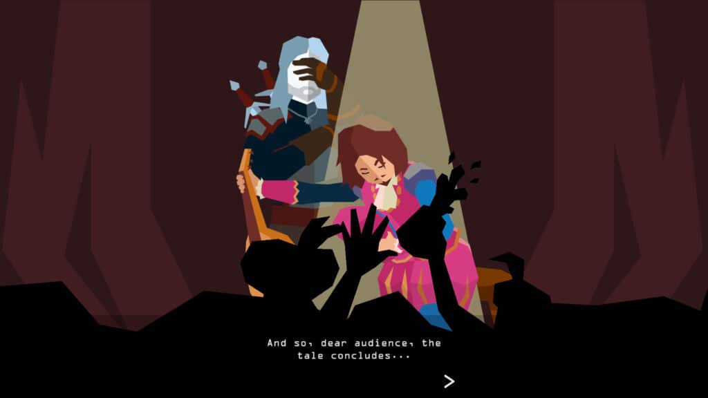 Geralt stands behind Dandelion on stage as the tale concludes in Reigns The Witcher