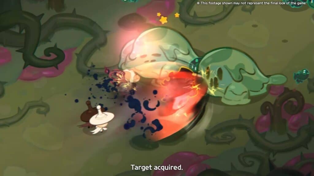 A screenshot from the mobile game Cookie Run: Kingdom showing in-game combat between several character models (cookies) and a plant-like enemy