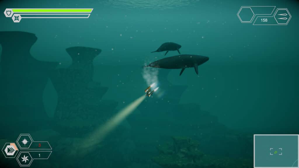 A submersible passes near large whale like creatures in the open water of Submerged