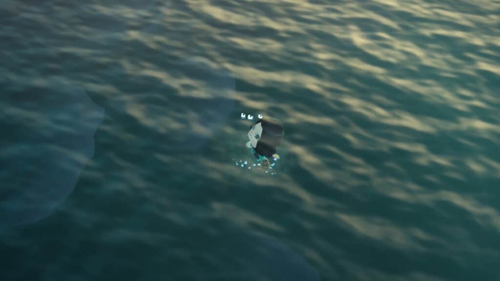 В игре Animal Crossing New Horizons персонаж игрока плавает в океане у берега острова.