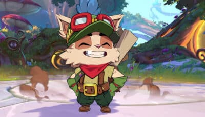 Teemo character art in 2XKO, smiling in his scout outfit on a colorful forest stage