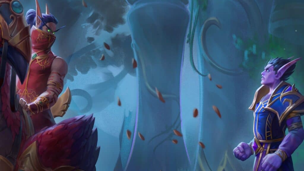 ワールド・オブ・ウォークラフトのドラマチックなストーリーの瞬間に、2人のエルフの人物が向かい合って立っている。