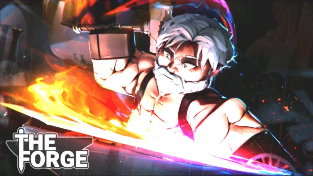 A powerful blacksmith swings a flaming blade with full force in The Forge